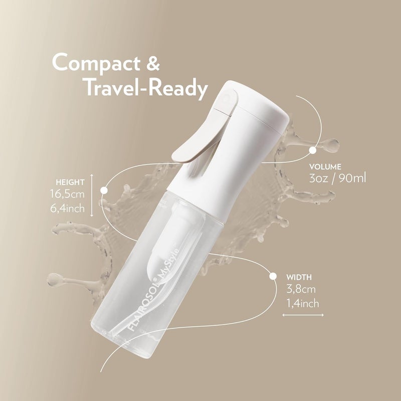 Flairosol MyStyle، زجاجة رذاذ للشعر - زجاجة رذاذ صغيرة للسفر، رذاذ مائي فائق النعومة مستمر للوجه، تصفيف الشعر، صالون، تنظيف، جمال، تونر، ترطيب ومكياج، 3.04 أونصة / 90 مل، أبيض - Image 5